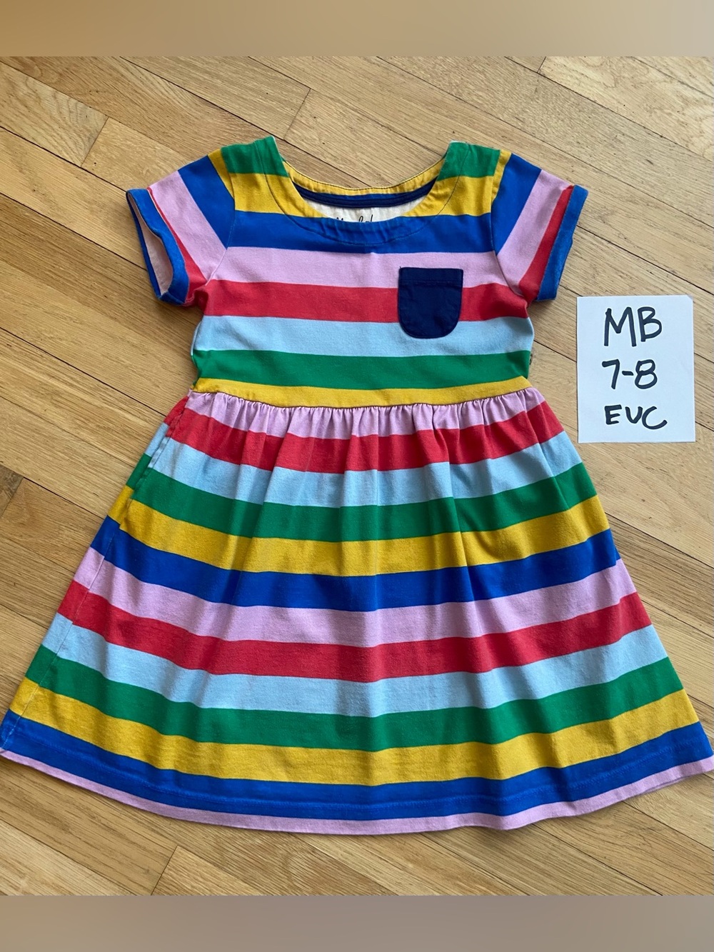 Mini Boden. 7/8. Girls' Multicolor Striped Cotton Dress -Pocket